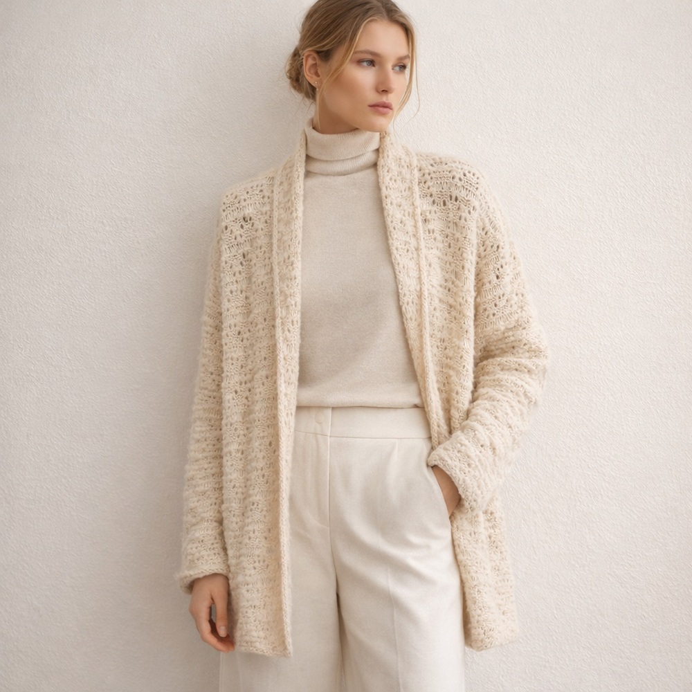 Eileen Fisher 100% Wool Chunky Open Knit Cardigan XL